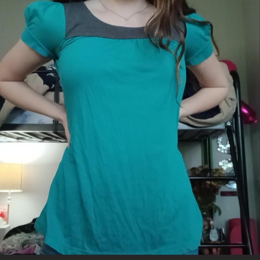 No Boundaries Teal and Gray Blouse